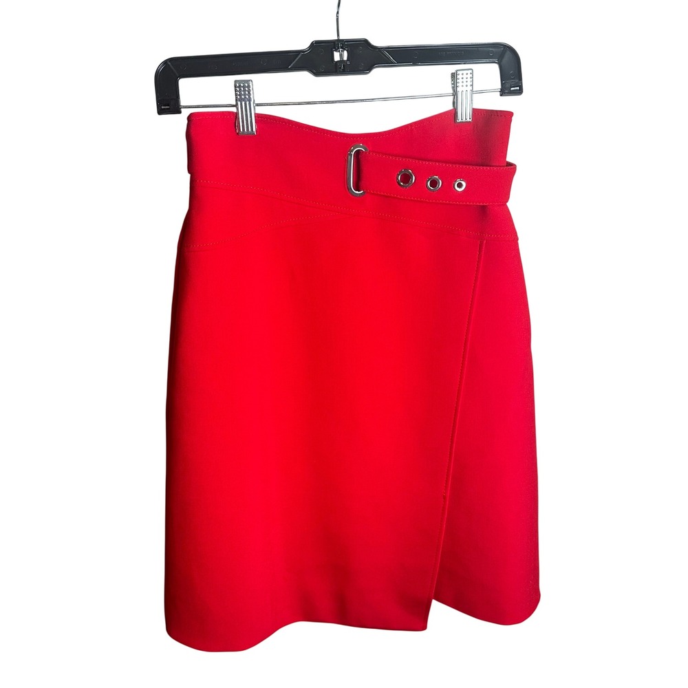 Karen Millen Red Belted Mini Skirt Wrap High Waist Office Siren Sz 4 US 8 UK